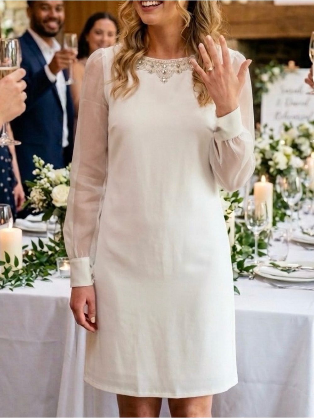 Embellished Ivory Long-Sleeve Shift Dress